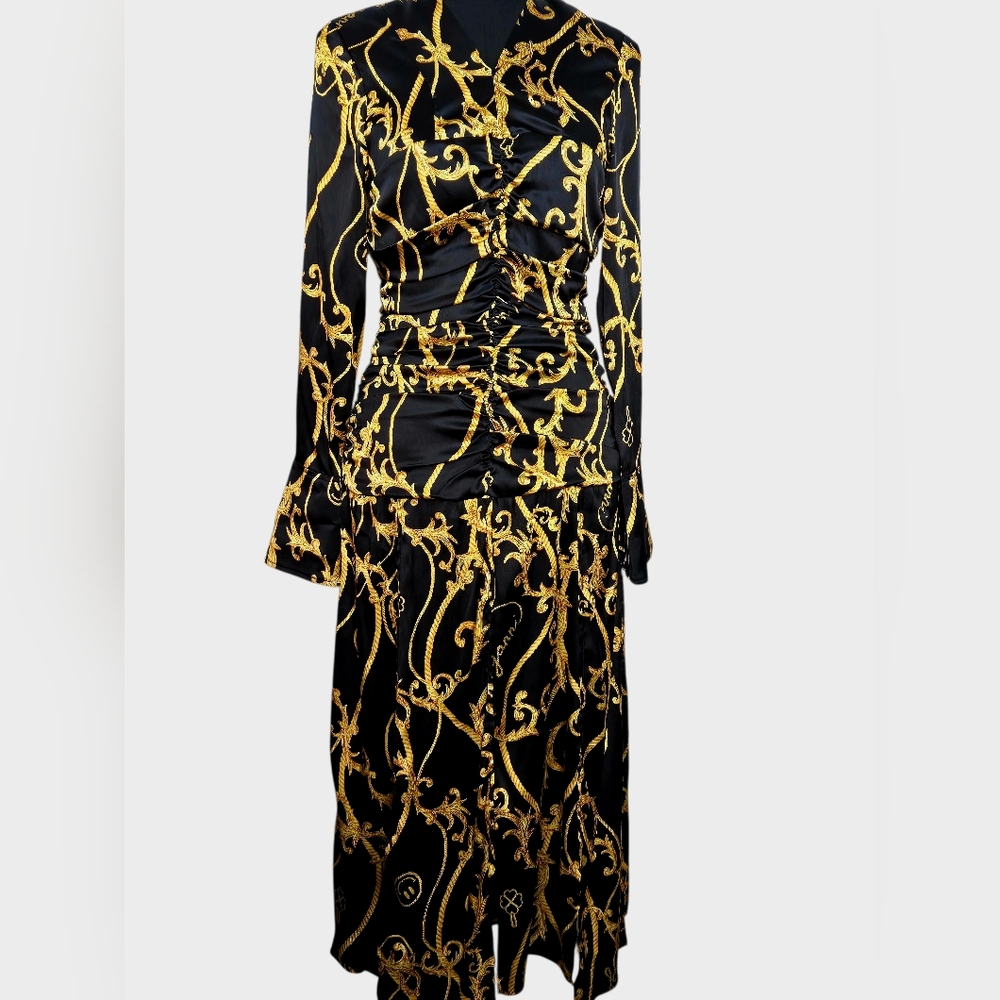 GANNI Baroque Print Silk Blend Ruched Midi Dress Black Gold EU 36 US 4 - Picture 6 of 15